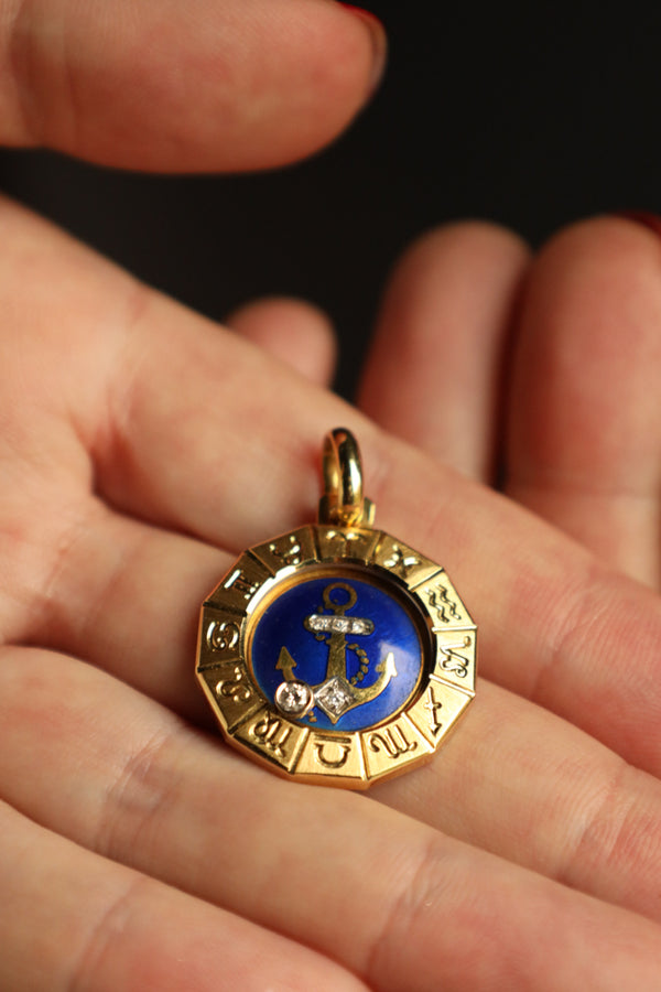 18k Gold Virgo Zodiac Pendant with Diamonds and Blue Enamel