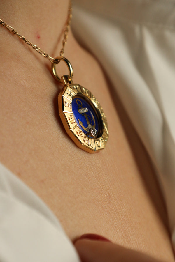 18k Gold Virgo Zodiac Pendant with Diamonds and Blue Enamel