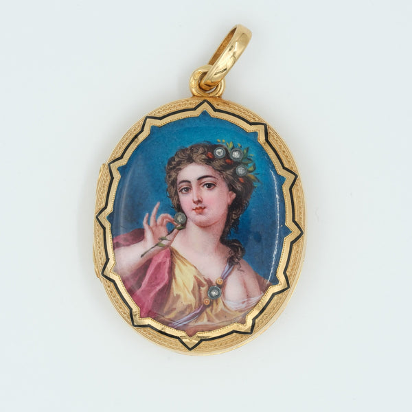 18k Antique Enamel Portrait Miniature Locket - Allegory of Spring