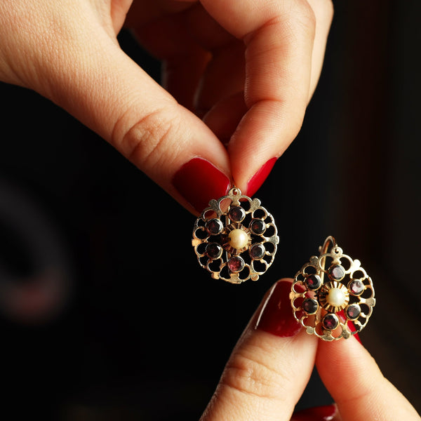 Antique Italian Foiled Garnet and Pearl Statement Round Earrings, Natural Gemstone Floral Hoops, 19th Century Jewelry