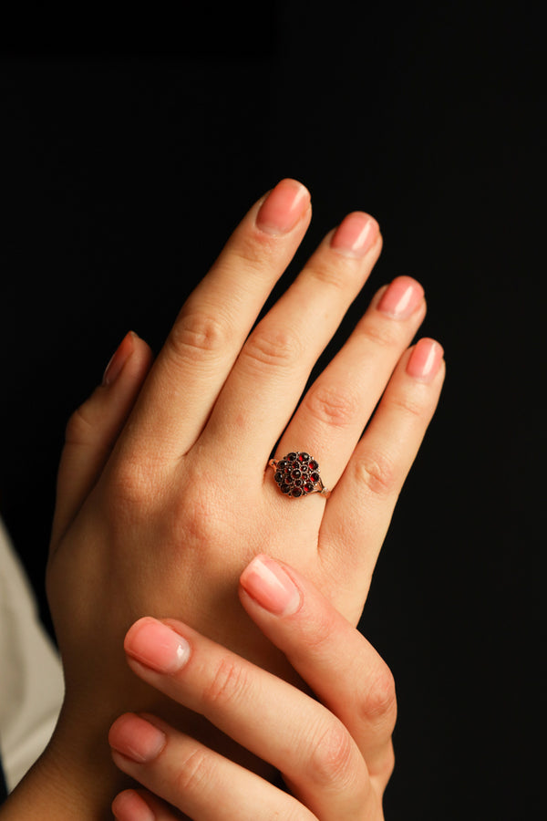 Antique Bohemian Garnet Flower Ring in Solid 14k Gold