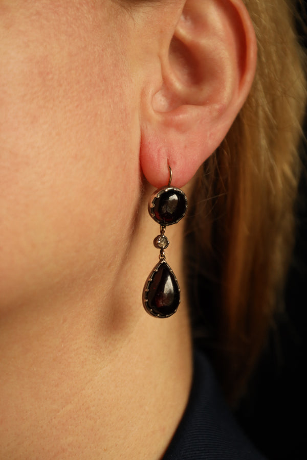 Antique Georgian Teardrop Garnet Cabochon and Diamond Earrings