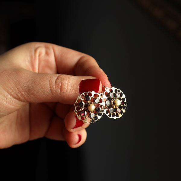 Antique Italian Foiled Garnet and Pearl Statement Round Earrings, Natural Gemstone Floral Hoops, 19th Century Jewelry