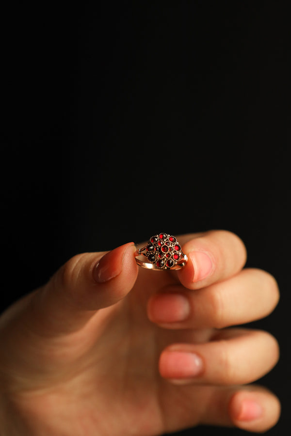 Antique Bohemian Garnet Flower Ring in Solid 14k Gold