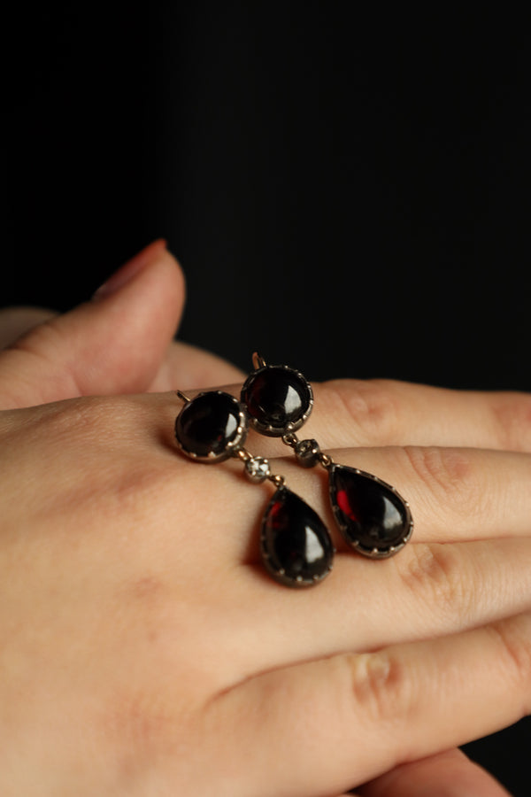 Antique Georgian Teardrop Garnet Cabochon and Diamond Earrings