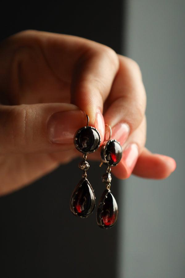 Antique Georgian Teardrop Garnet Cabochon and Diamond Earrings