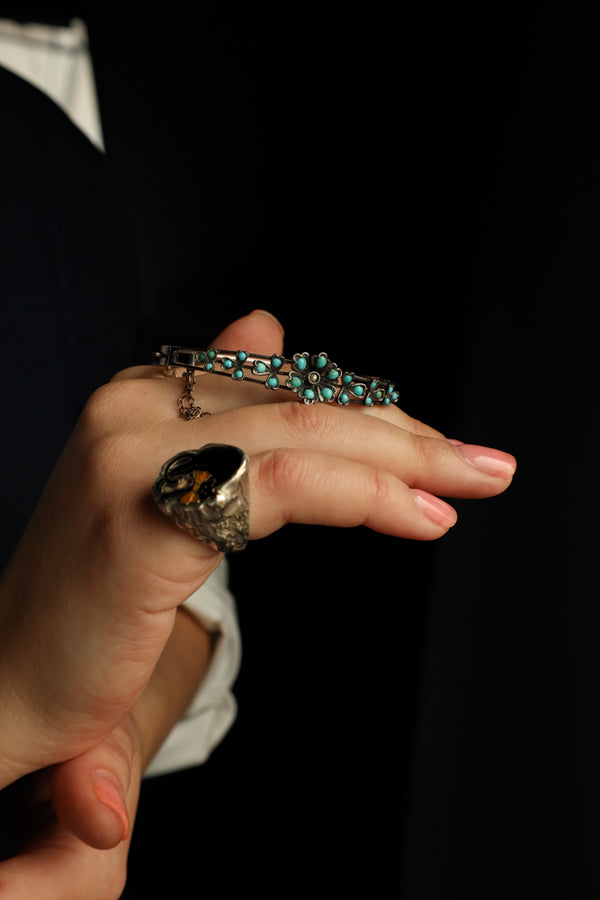 Antique Victorian Silver Pave Turquoise Cuff Bracelet