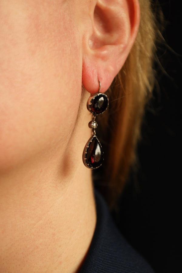 Antique Georgian Teardrop Garnet Cabochon and Diamond Earrings