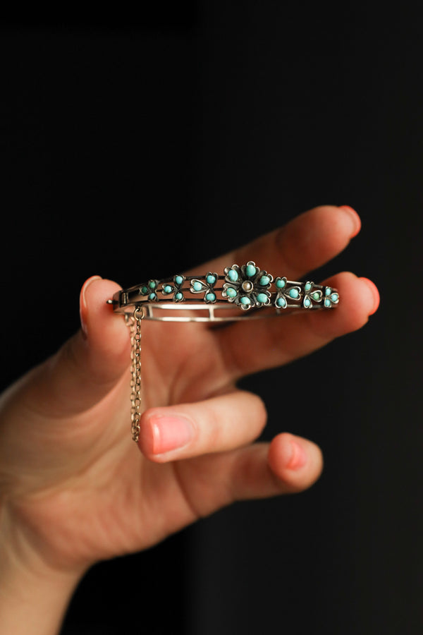 Antique Victorian Silver Pave Turquoise Cuff Bracelet