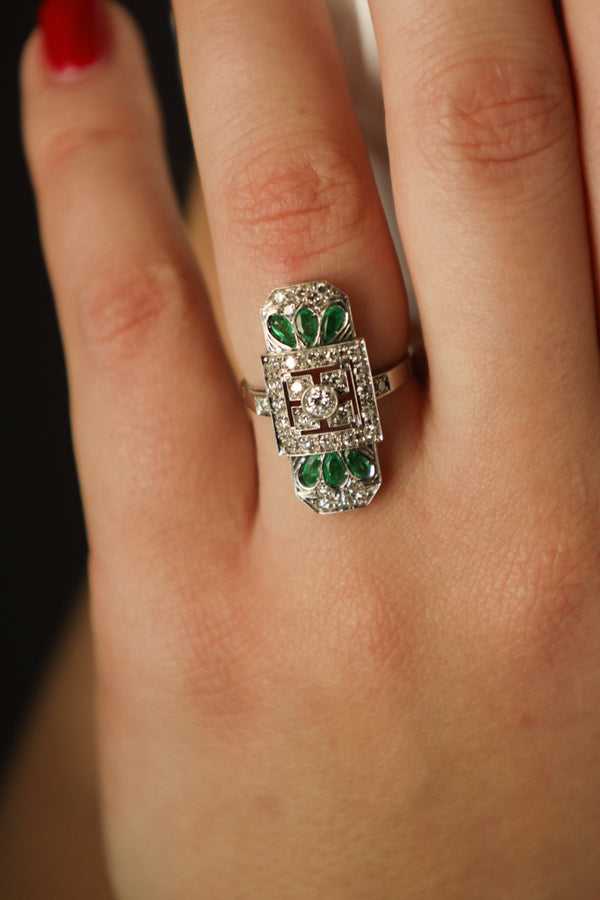 Art Deco Panel Emerald Ring with Diamonds 18k