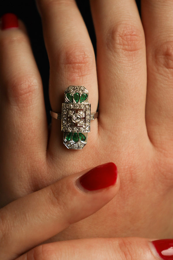 Art Deco Panel Emerald Ring with Diamonds 18k