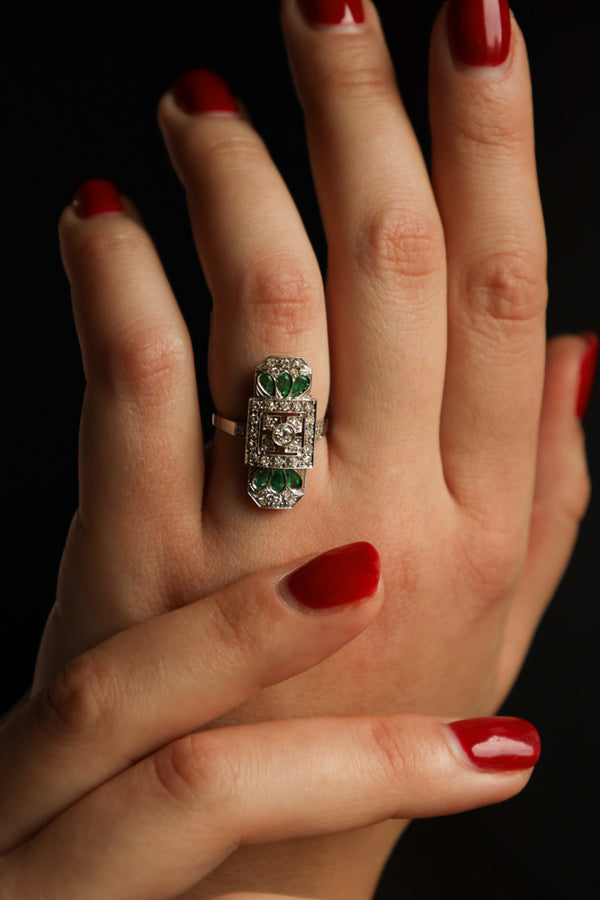 Art Deco Panel Emerald Ring with Diamonds 