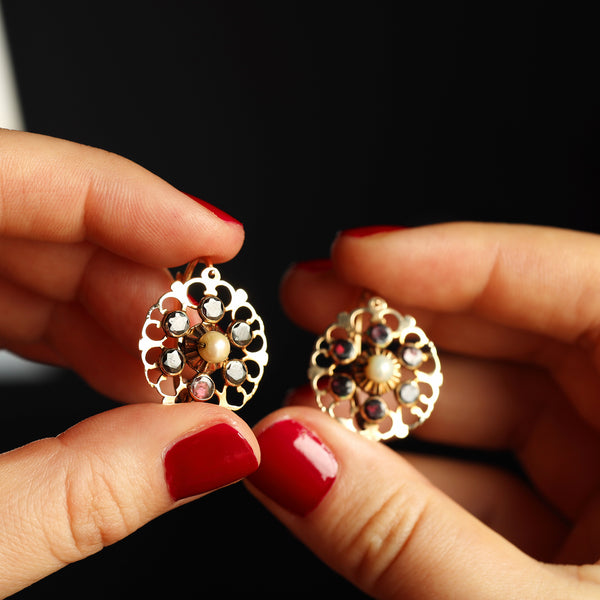 Antique Italian Foiled Garnet and Pearl Statement Round Earrings, Natural Gemstone Floral Hoops, 19th Century Jewelry