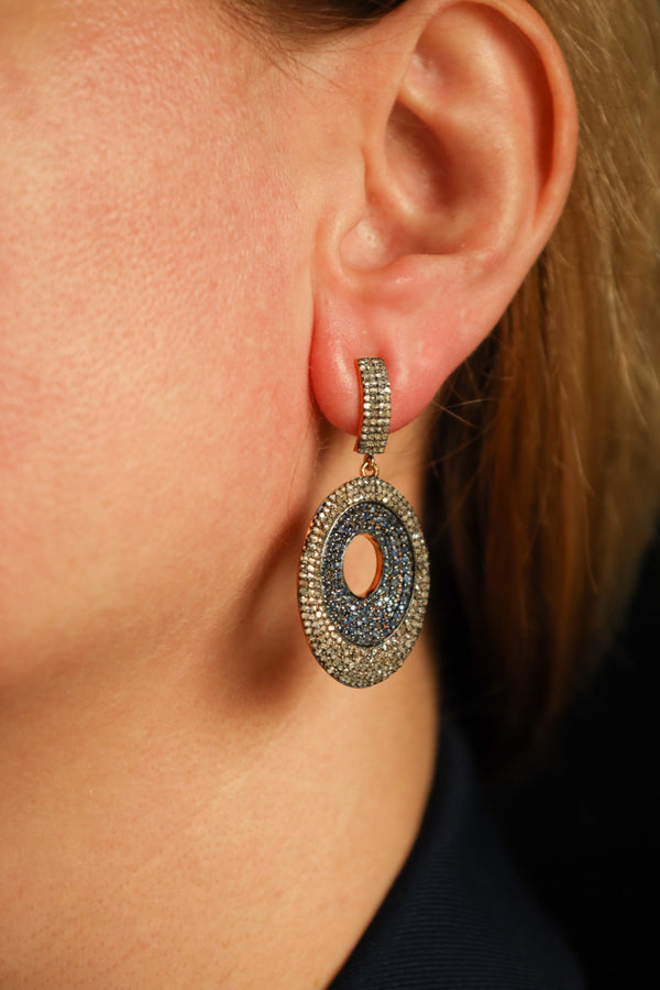 Oval Blue Sapphire Earrings with Pave Salt and Pepper Diamonds