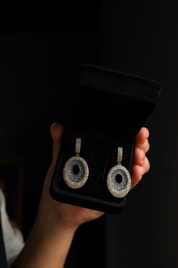 Oval Blue Sapphire Earrings with Pave Salt and Pepper Diamonds